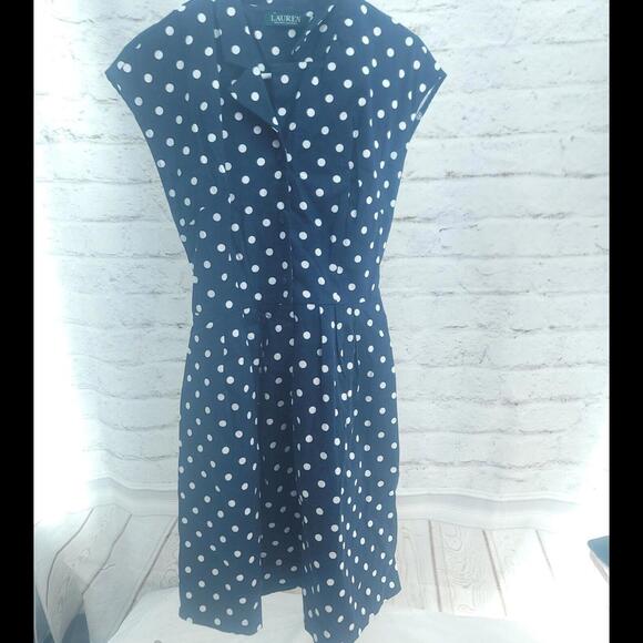 Lauren Ralph Lauren Dark Navy White Polka Dots Tie Waist A-line Size 8 Dress - Picture 1 of 10